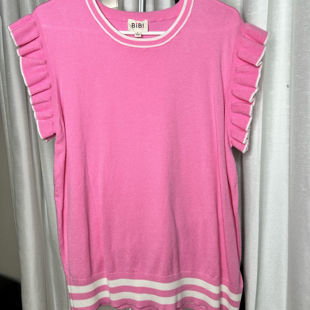 NEW BiBi Pink Ruffled Knit Contrast Sweater Top - Picture 7 of 9